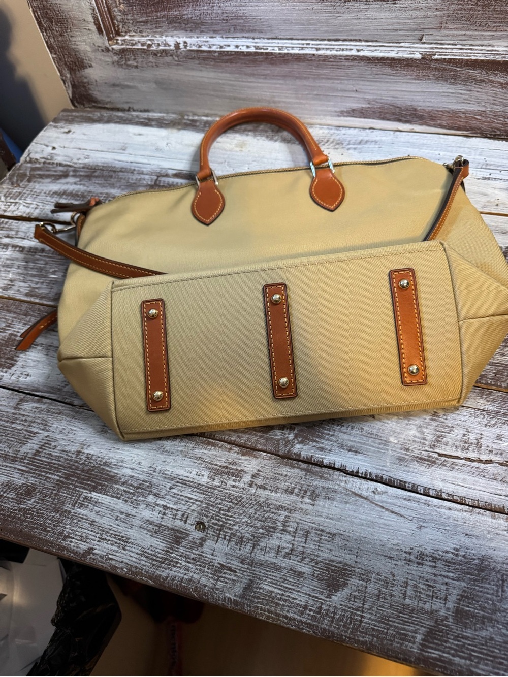 Dooney & Bourke Tan Canvas Satchel with Brown Leather Handles - Picture 6 of 15